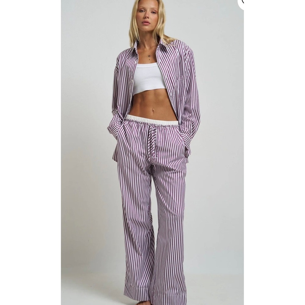 Gooseberry Intimates Le Boyfriend Unisex Plum Striped Poplin Lounge Pants M NEW